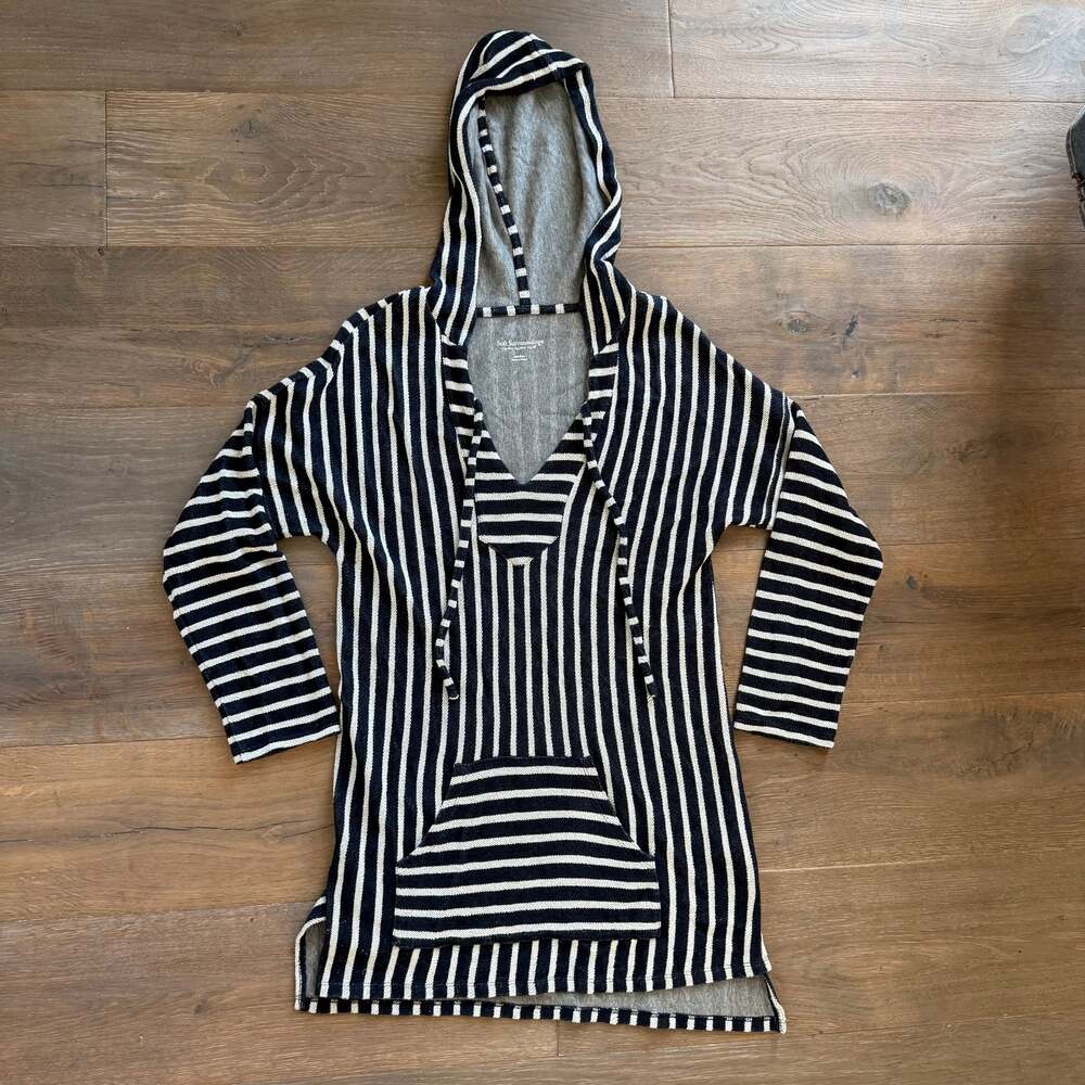 Soft Surroundings Offshore Hooded Tunic Cover Navy Blue White Striped Boho  ~ L